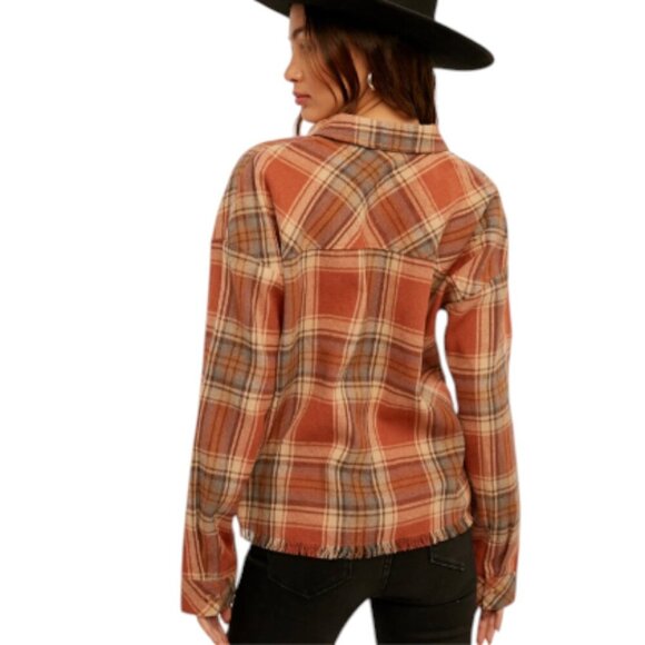Hem & Thread Frayed Plaid Button-Up Lightweight Flannel Shirt, Striped Sides, M - Picture 3 of 15